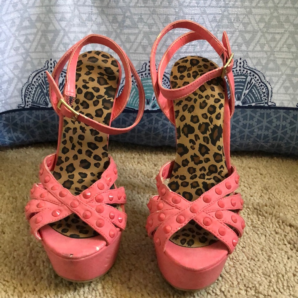 Pink studded strappy heels with gold buckle